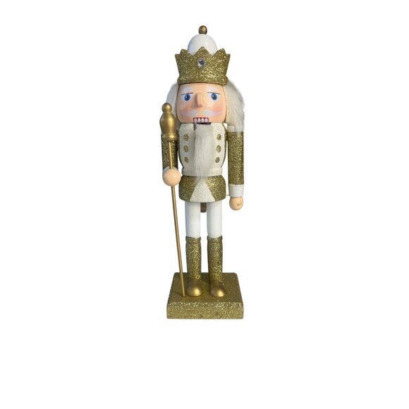 Nutcracker Figurine Gold White Glitter Wooden Christmas Decoration New - Picture 1 of 4